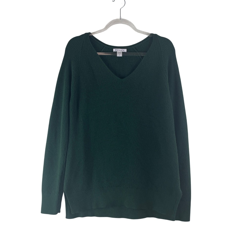 Athleta V-Neck Sweater Womens Small Green Merino Wool Blend Ribbed Pullover